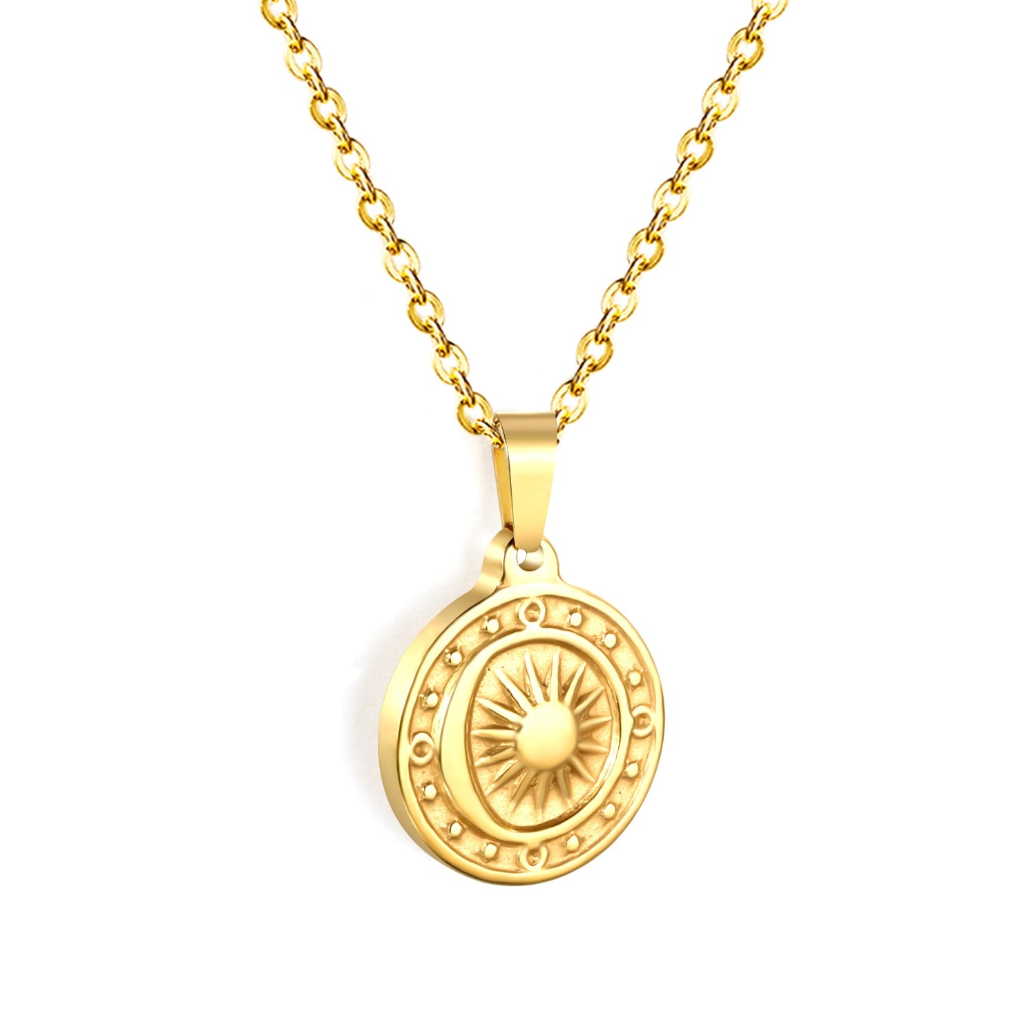 15.4mm Sun Moon Star Compass Pendant 45+5+6mm Necklace Steel/Golden asonjewelry